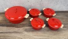 Griswold Flamingo Red Cast Iron Casserole Set
