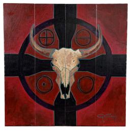 Greg Erway Buffalo Skull with Symbols Painting
