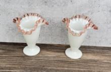 Pair of Fenton Rose Crest Milk Glass Crimped Vases