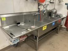 Three tub S/S Sink with overspray and double drainboards , 134” long x 32”d