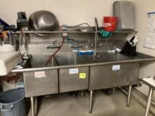 Three sink stainless steel sanitize station , 7’ L x 36”h with 22” backspla