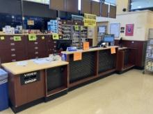 Service desk cash wrap with drawers 16 ft long x 36 “ wide with peg hooks