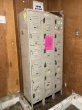 18 lockers in one unit, 78” tall , 38” wide, 15” deep, tan