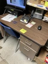 Metal desk with dark wood grain top, two drawers, 43” wide x 30” deep x 30”