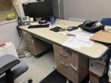 Metal desk with Formica top, 5 drawers, brown, 76” long x 36” w x 29” tall