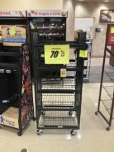Metal 5 shelf rack on wheels, 56” T x 24” W