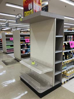 Endcap,36” base, 48”wide,86” tall, freestanding, 5 shelves, one shelf, 4 le