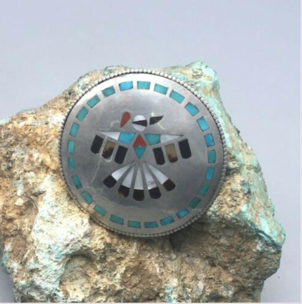 A Beautiful Vintage, Zuni Inlay Thunderbird Themed Pendant From Jewel Box Col.