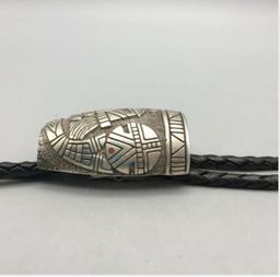 GREAT Stylish Bolo With Turquoise and Coral Set in Sterling by Lee Epperson