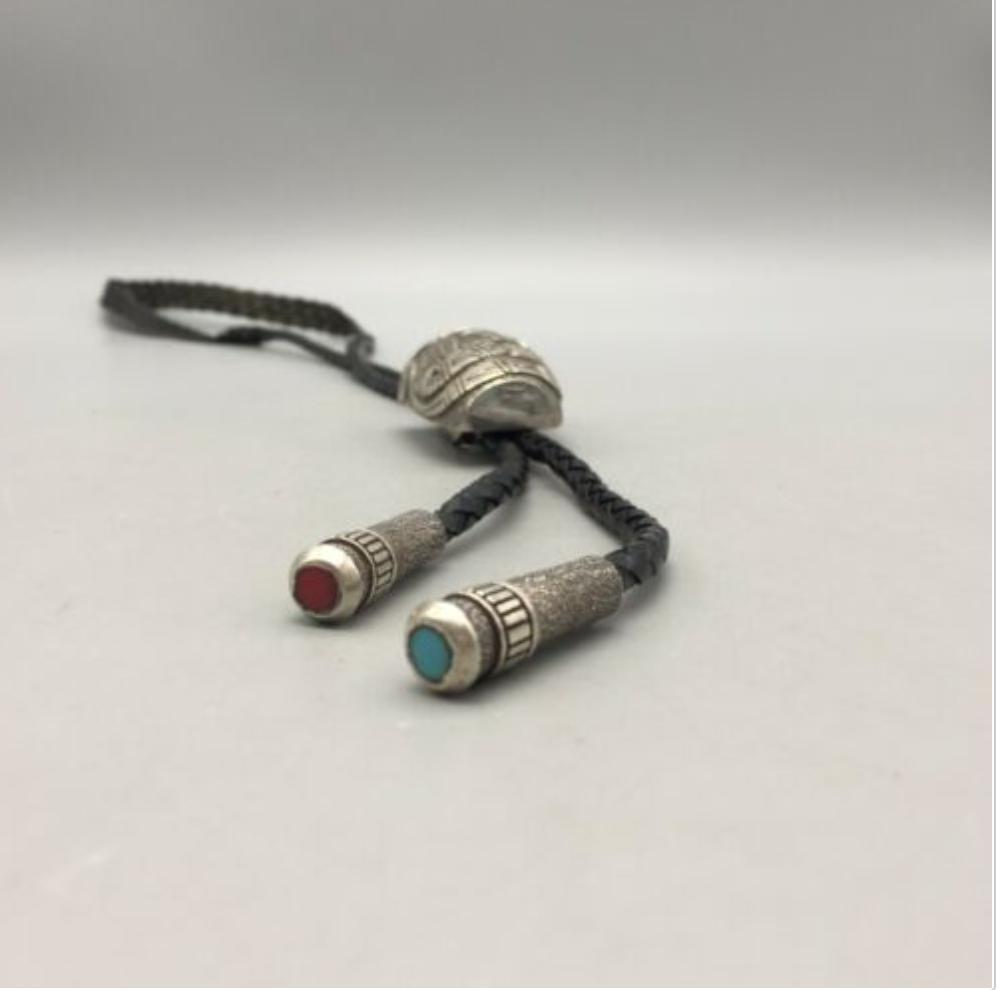 GREAT Stylish Bolo With Turquoise and Coral Set in Sterling by Lee Epperson
