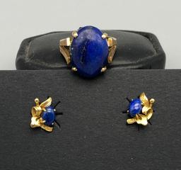 14k Gold and Lapis Ring and Earrings