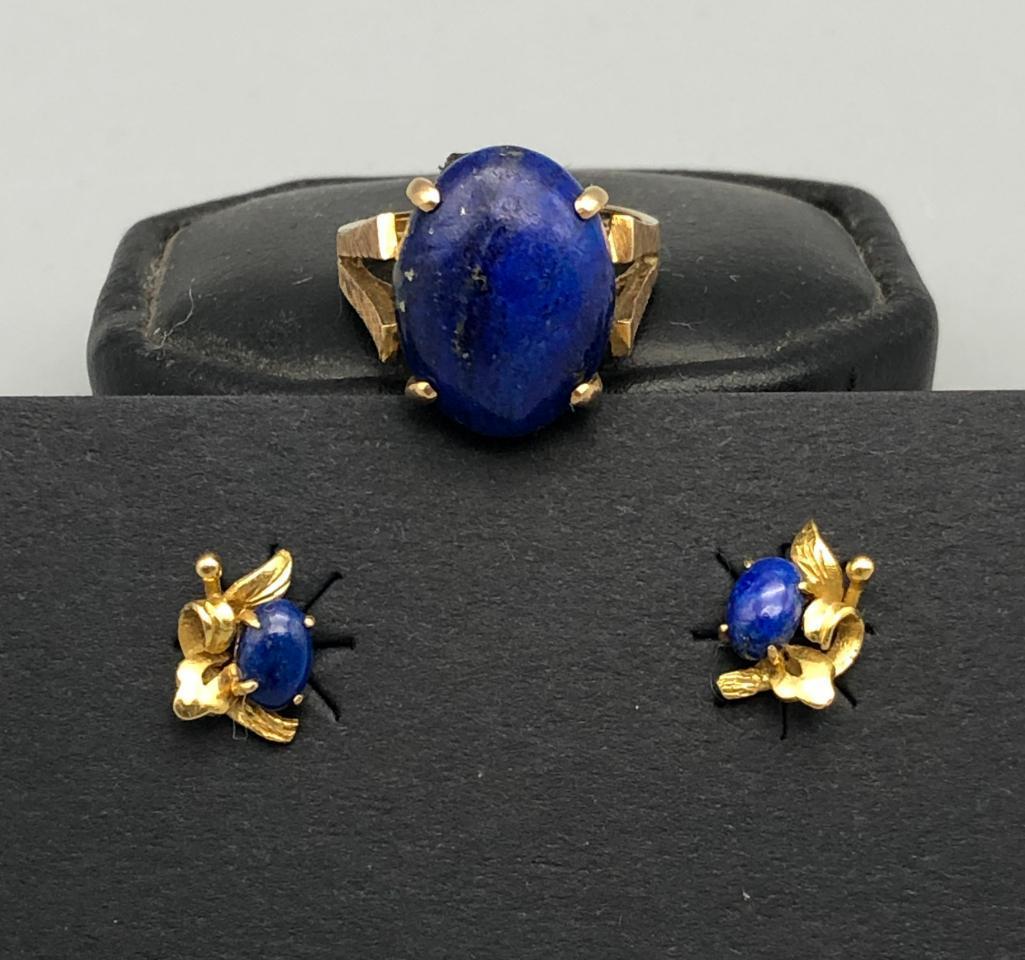 14k Gold and Lapis Ring and Earrings