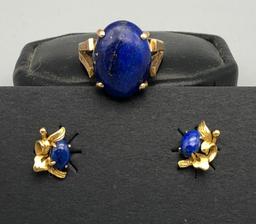 14k Gold and Lapis Ring and Earrings