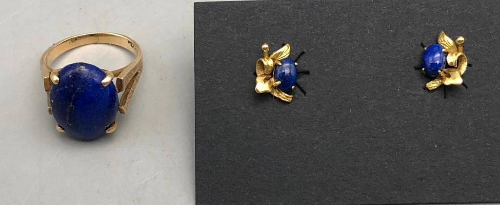14k Gold and Lapis Ring and Earrings