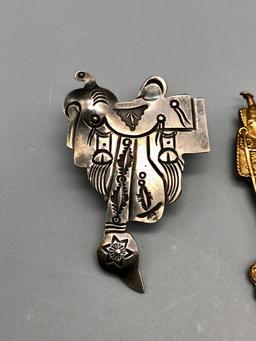 Three Vintage Saddle Themed Items, Pins, and Scarf Slide