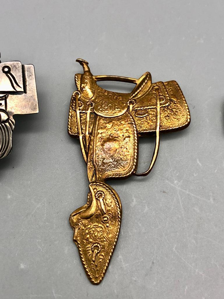 Three Vintage Saddle Themed Items, Pins, and Scarf Slide