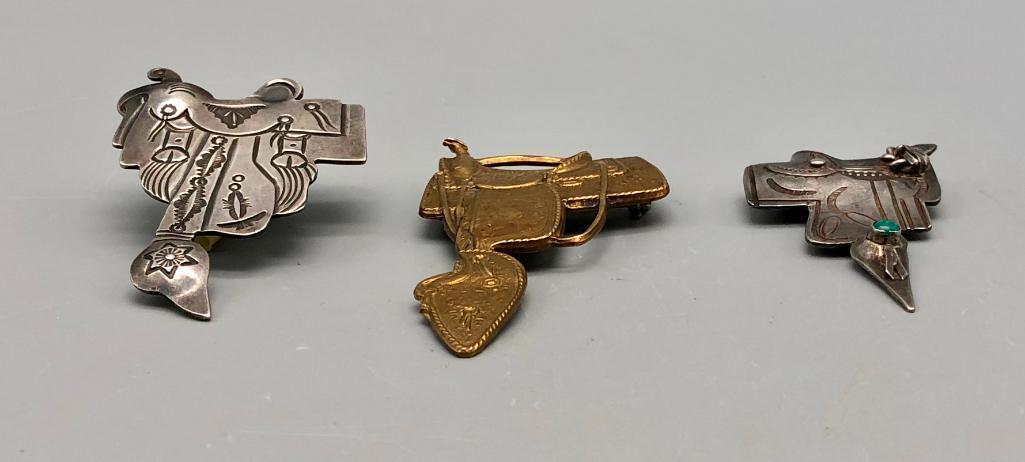 Three Vintage Saddle Themed Items, Pins, and Scarf Slide