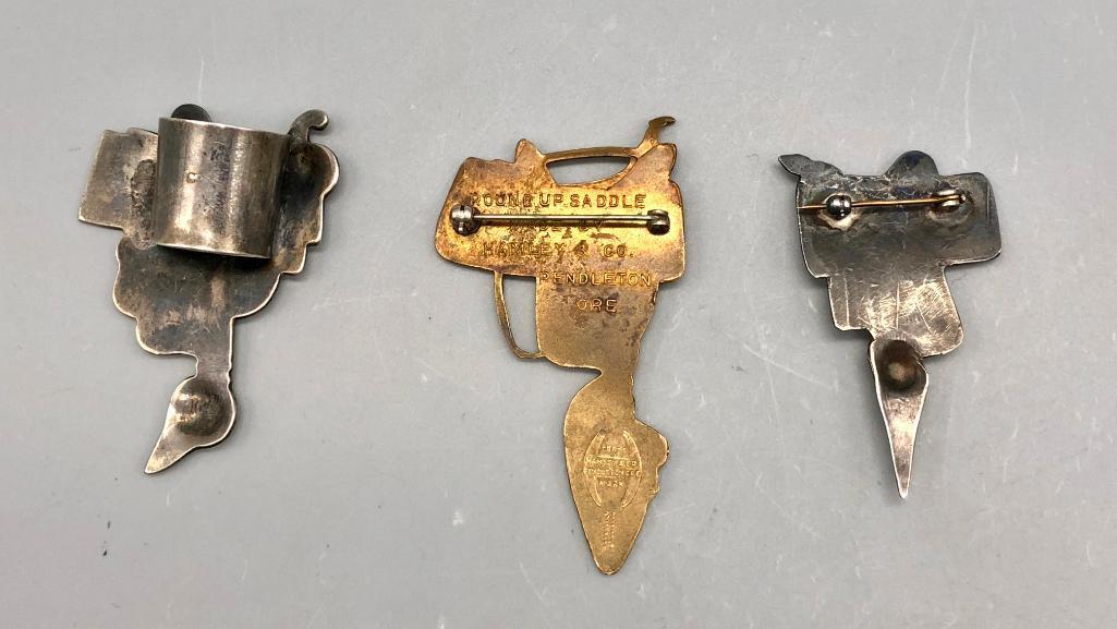 Three Vintage Saddle Themed Items, Pins, and Scarf Slide