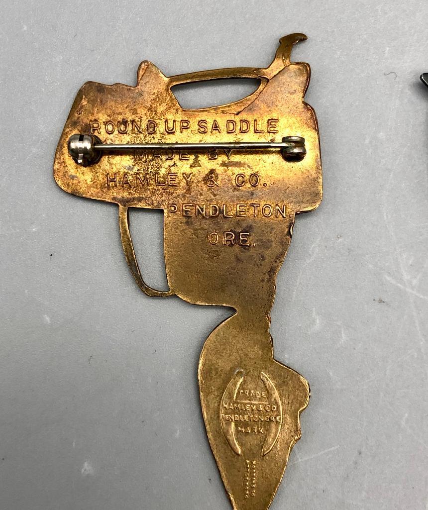 Three Vintage Saddle Themed Items, Pins, and Scarf Slide
