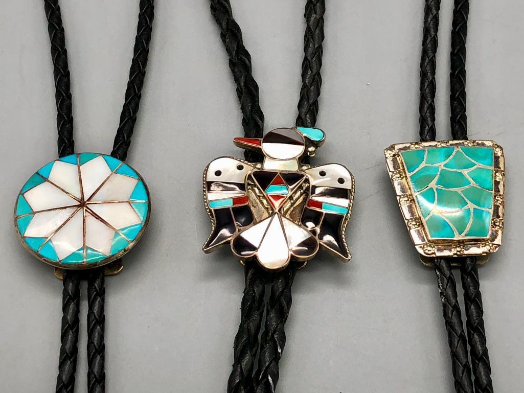 Three Vintage Inlay Bolo Ties