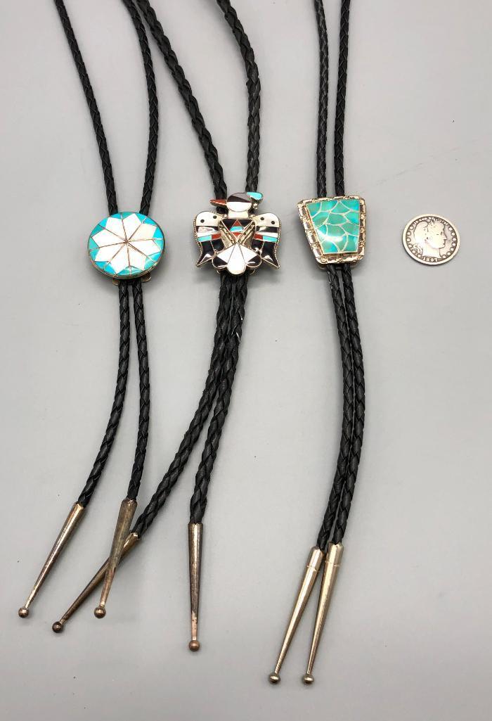 Three Vintage Inlay Bolo Ties