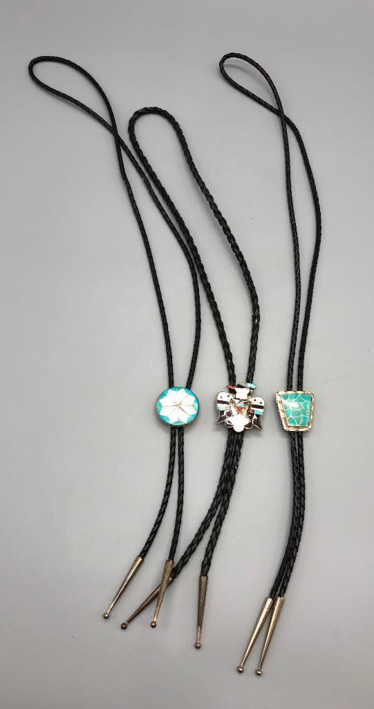 Three Vintage Inlay Bolo Ties