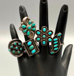 Group of Five Fred Harvey Era Turquoise Cluster Rings