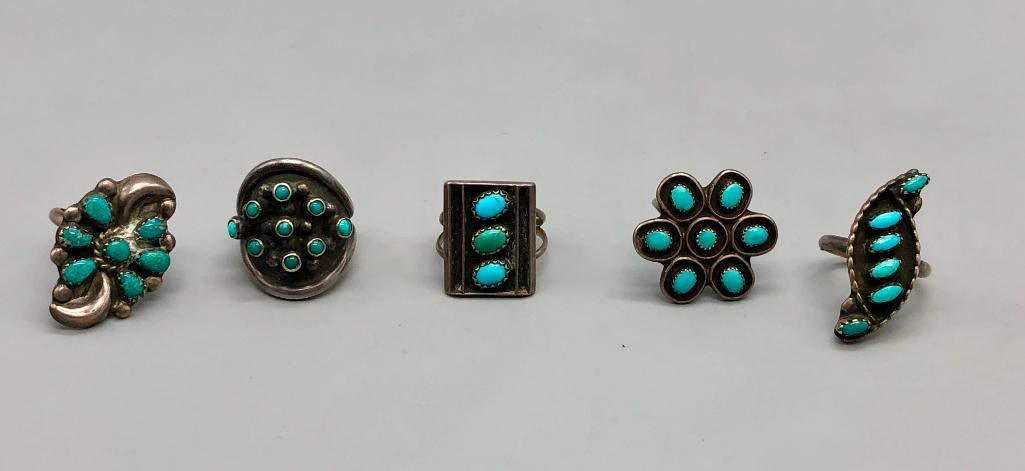 Group of Five Fred Harvey Era Turquoise Cluster Rings
