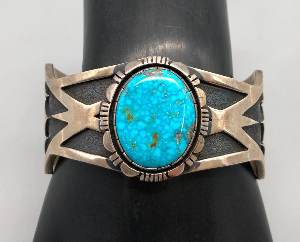 Hefty Sterling Silver Bracelet with Webbed Turquoise