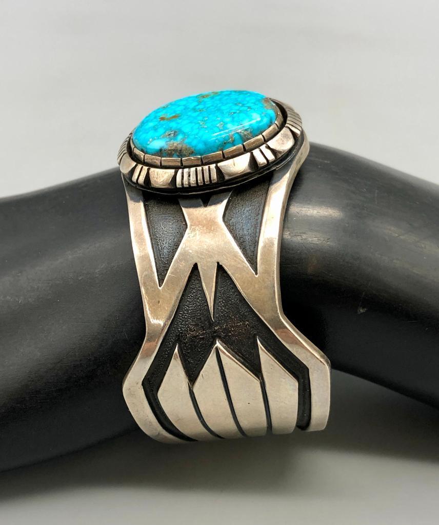 Hefty Sterling Silver Bracelet with Webbed Turquoise