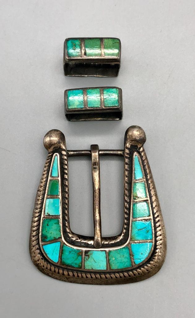 Vintage Three Pc. Turquoise Inlay Buckle