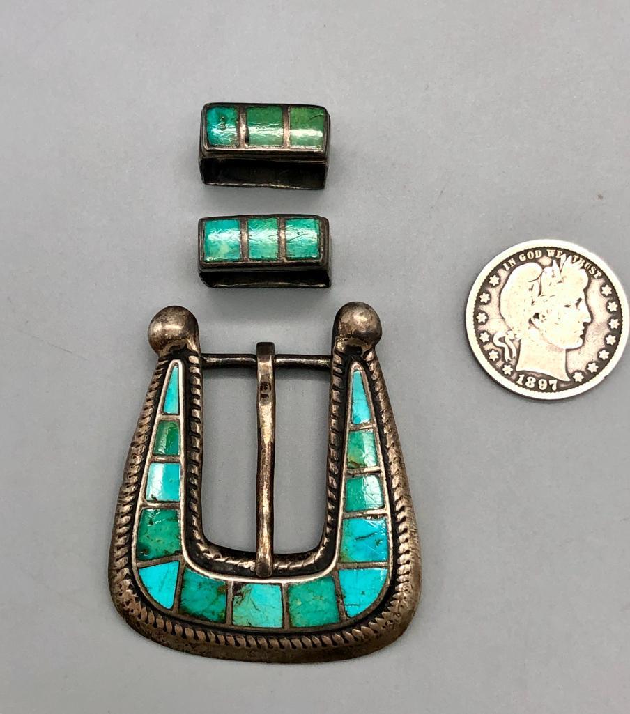 Vintage Three Pc. Turquoise Inlay Buckle
