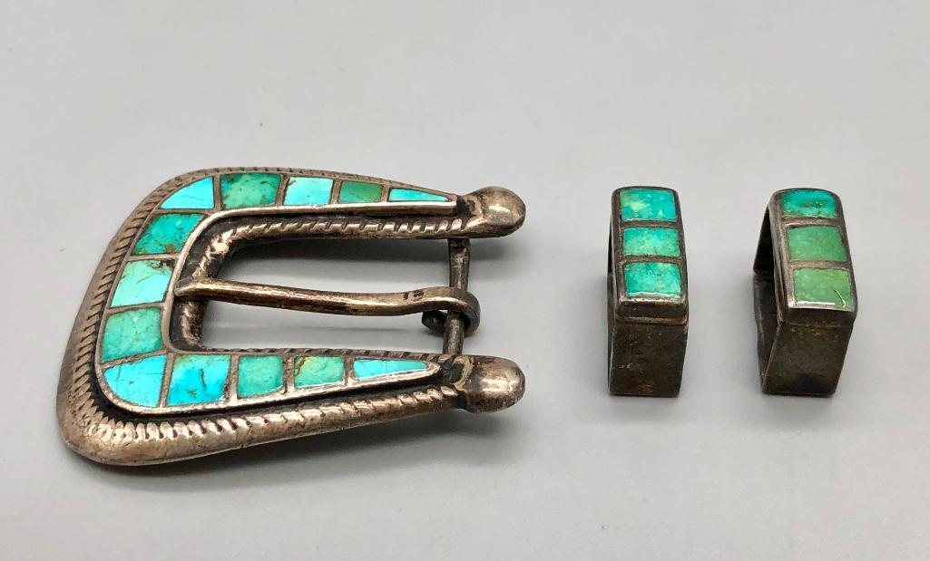 Vintage Three Pc. Turquoise Inlay Buckle