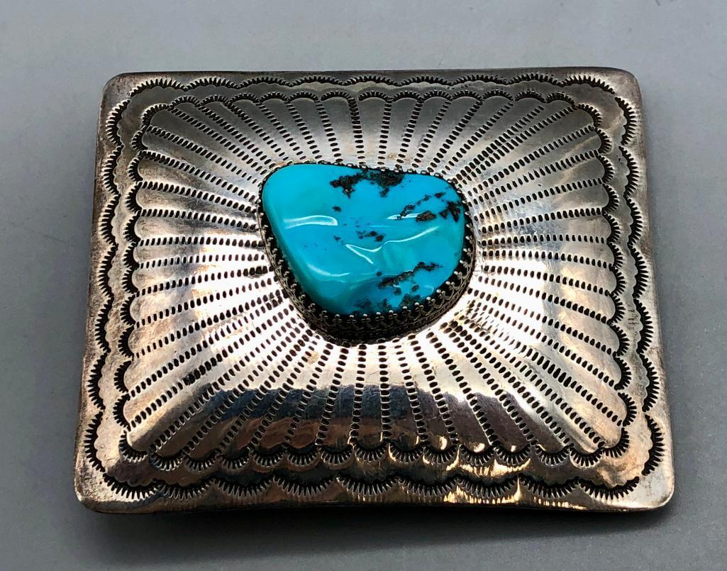 Turquoise and Sterling Silver Belt Buckle by Federico Jimenez