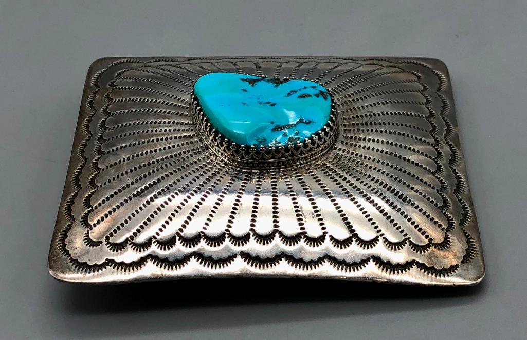 Turquoise and Sterling Silver Belt Buckle by Federico Jimenez