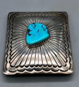 Turquoise and Sterling Silver Belt Buckle by Federico Jimenez