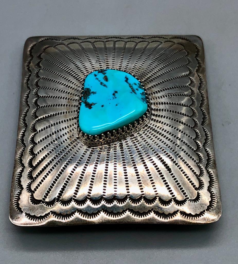 Turquoise and Sterling Silver Belt Buckle by Federico Jimenez