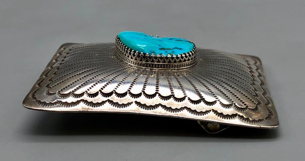 Turquoise and Sterling Silver Belt Buckle by Federico Jimenez