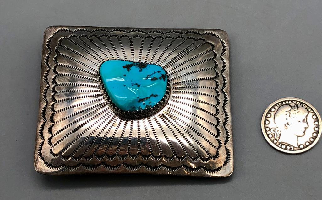 Turquoise and Sterling Silver Belt Buckle by Federico Jimenez