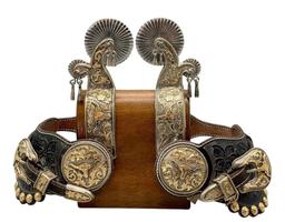 Extra Fancy Tom Mix Style Spurs And Straps With 14K Gold And Sterling Silver