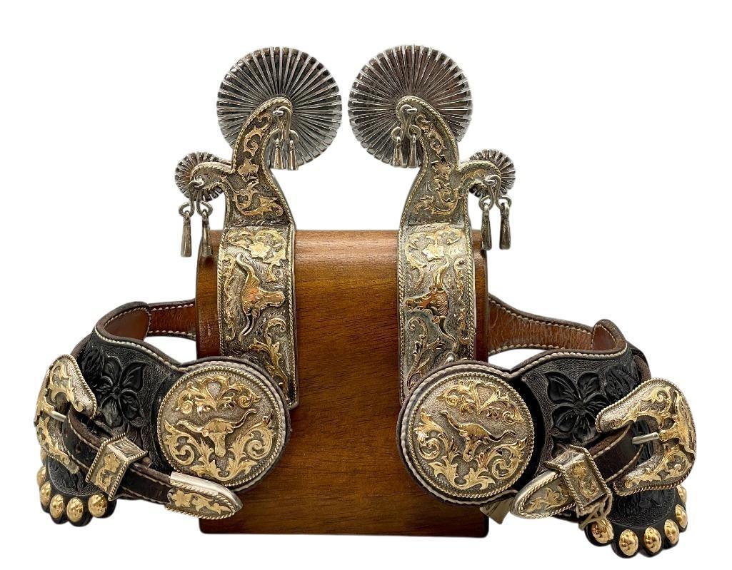 Extra Fancy Tom Mix Style Spurs And Straps With 14K Gold And Sterling Silver