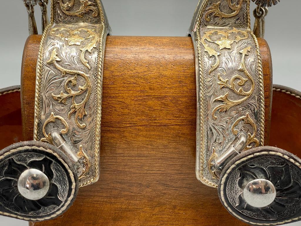 Extra Fancy Tom Mix Style Spurs And Straps With 14K Gold And Sterling Silver