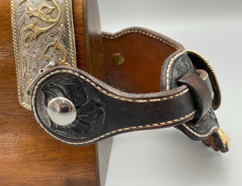 Extra Fancy Tom Mix Style Spurs And Straps With 14K Gold And Sterling Silver