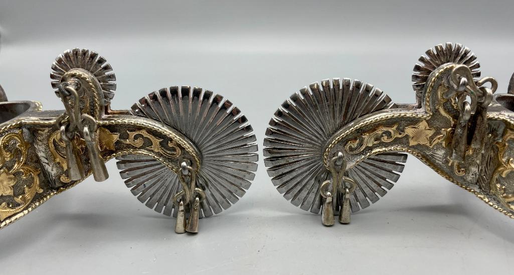 Extra Fancy Tom Mix Style Spurs And Straps With 14K Gold And Sterling Silver
