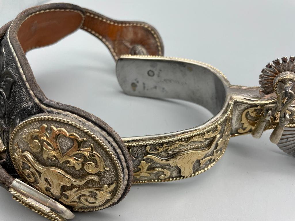 Extra Fancy Tom Mix Style Spurs And Straps With 14K Gold And Sterling Silver