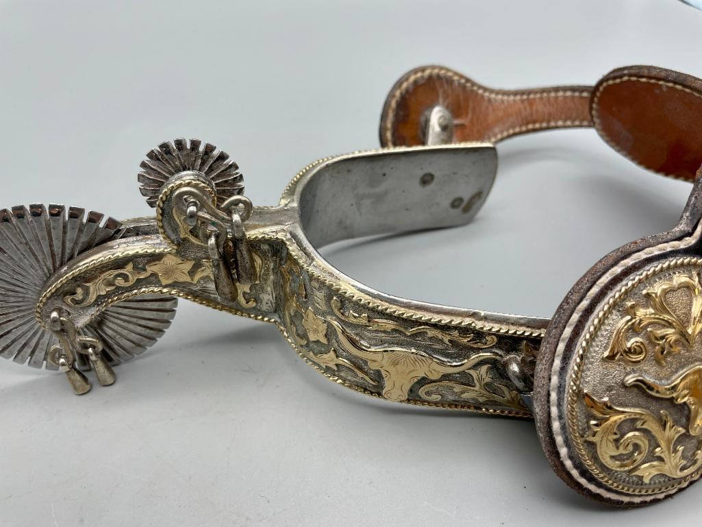 Extra Fancy Tom Mix Style Spurs And Straps With 14K Gold And Sterling Silver