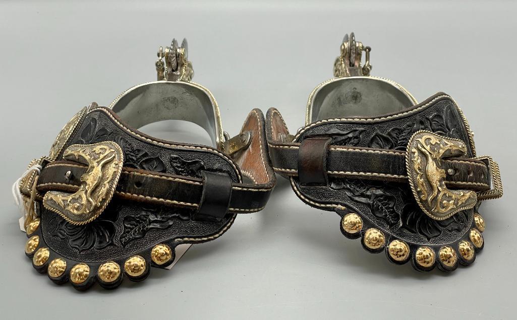 Extra Fancy Tom Mix Style Spurs And Straps With 14K Gold And Sterling Silver