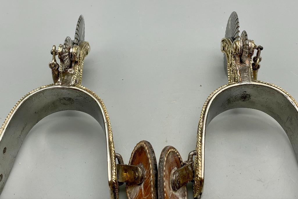 Extra Fancy Tom Mix Style Spurs And Straps With 14K Gold And Sterling Silver