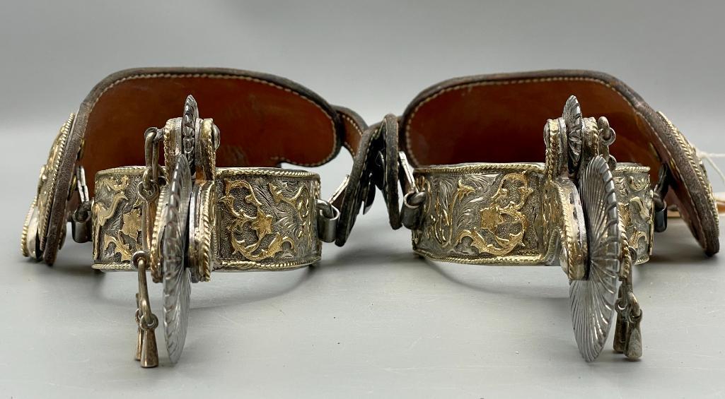 Extra Fancy Tom Mix Style Spurs And Straps With 14K Gold And Sterling Silver
