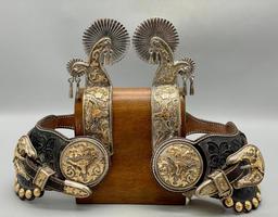 Extra Fancy Tom Mix Style Spurs And Straps With 14K Gold And Sterling Silver